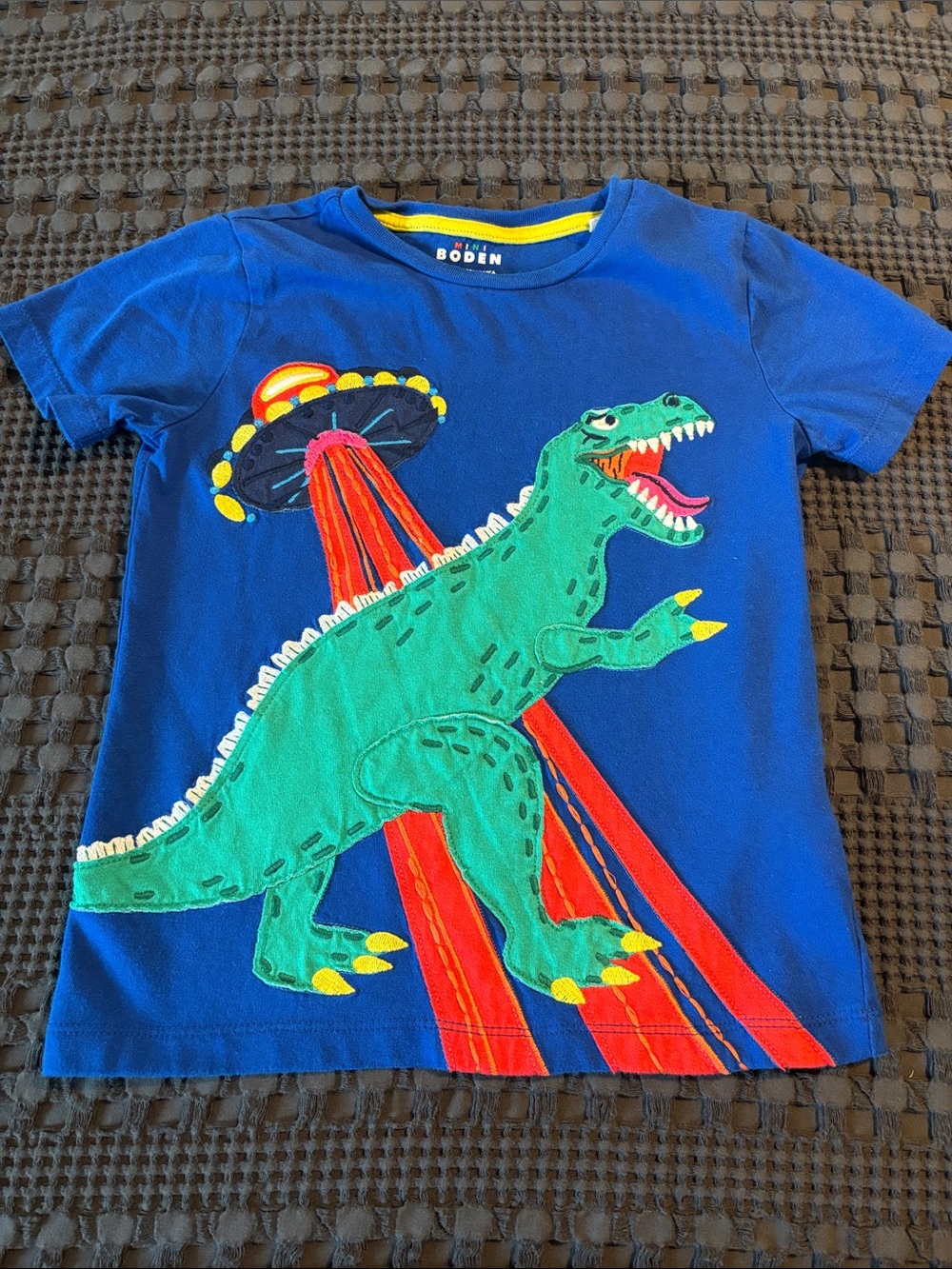 Boden Blue Tee with Green Dinosaur and Red UFO Beams